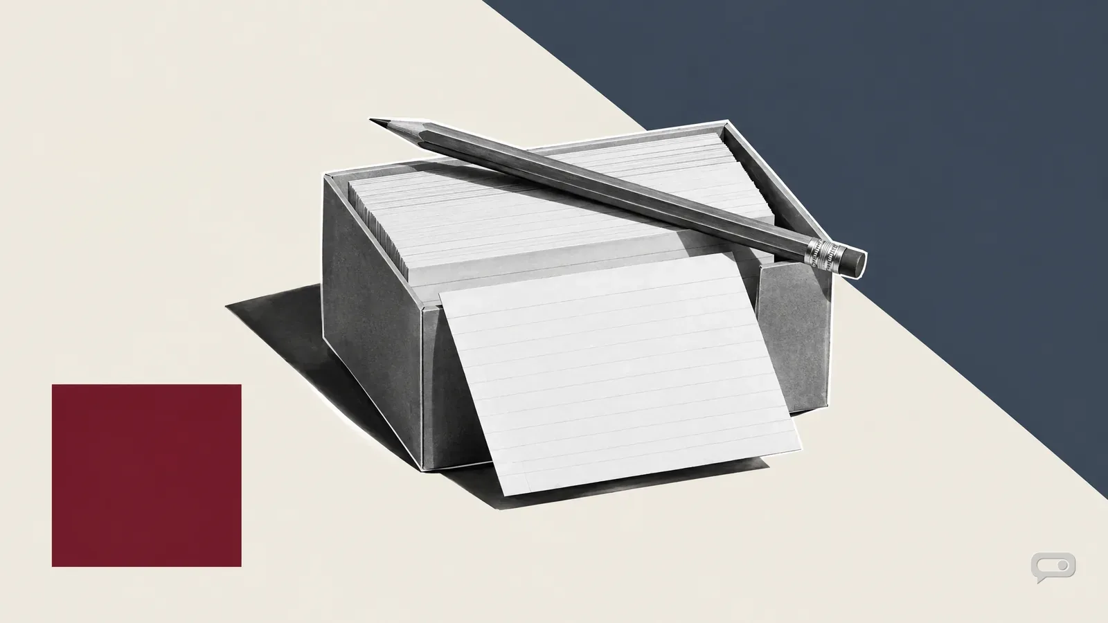 Photomontage of a box of blank index cards with one card pulled out and a pencil on putty with a slate diagonal and an oxblood square
