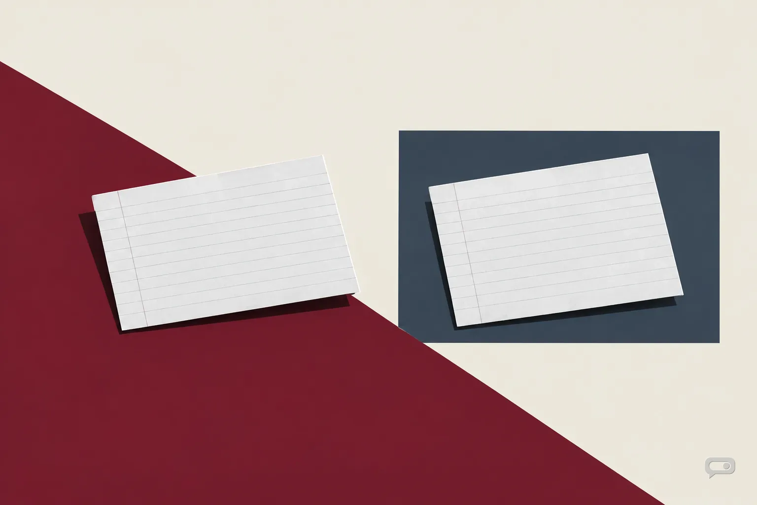 Photomontage of two blank index cards, one set apart on putty with an oxblood diagonal and a slate block