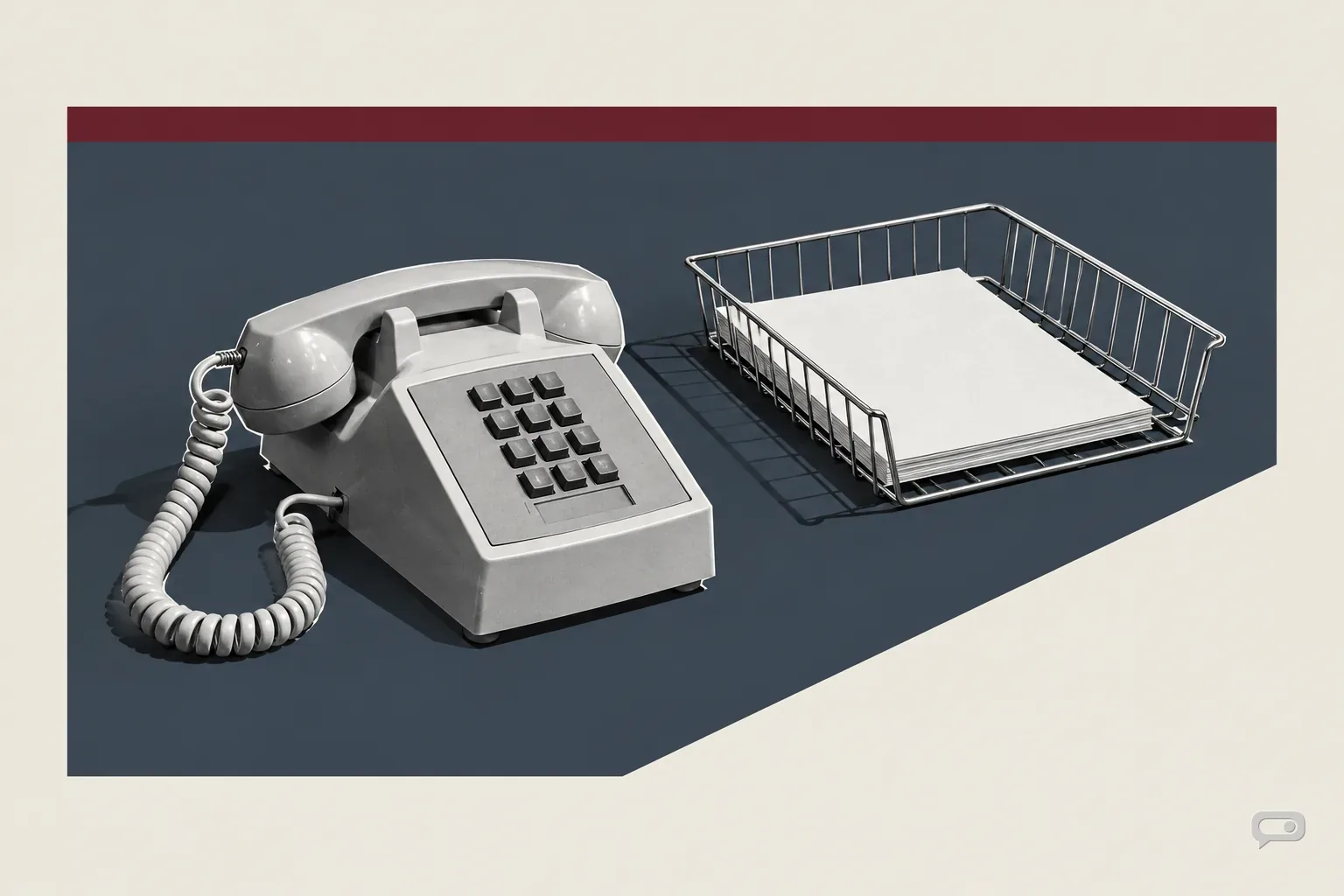 Photomontage of a desk telephone beside an empty filing tray on a slate block with a putty diagonal and an oxblood bar