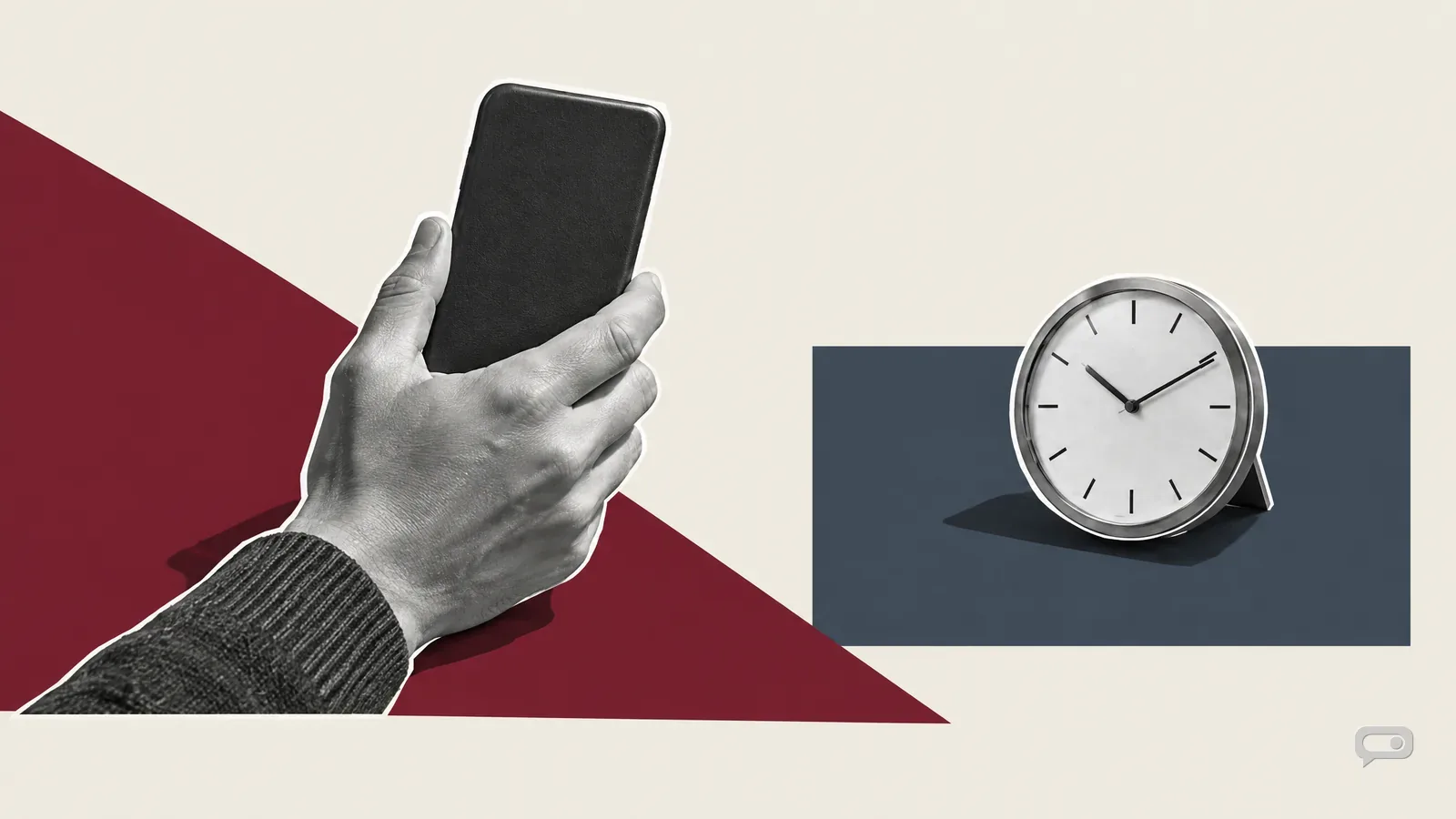Photomontage of a hand holding a phone from behind beside a desk clock on putty with an oxblood diagonal and a slate block