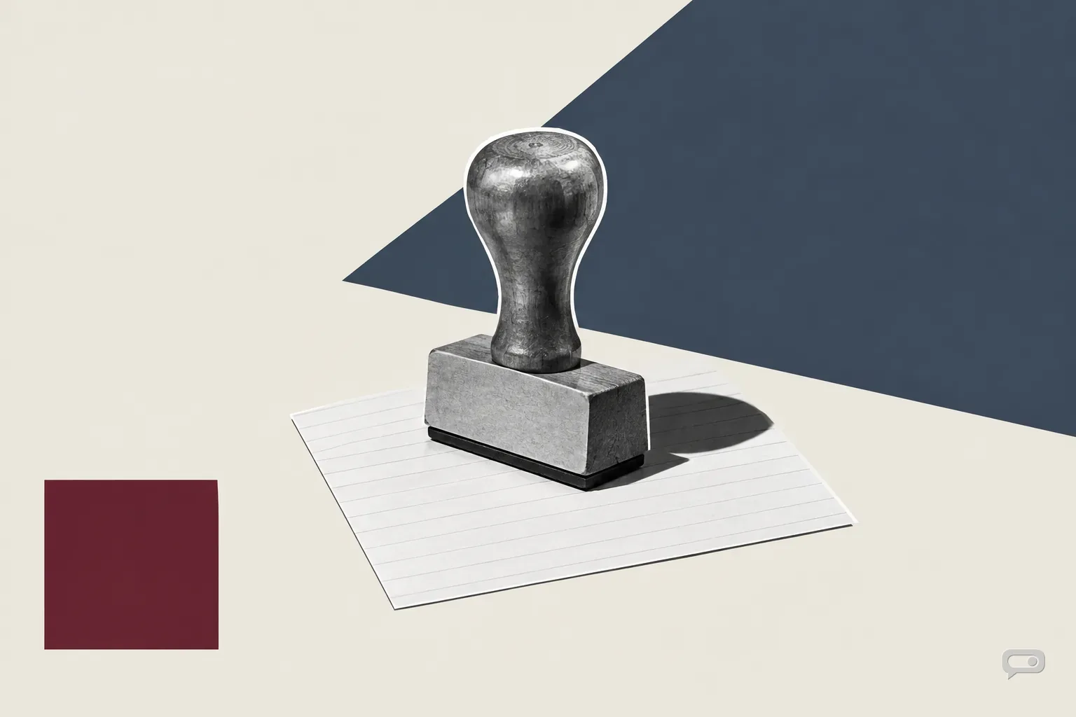 Photomontage of a rubber stamp standing on a blank index card on putty with a slate diagonal and an oxblood square