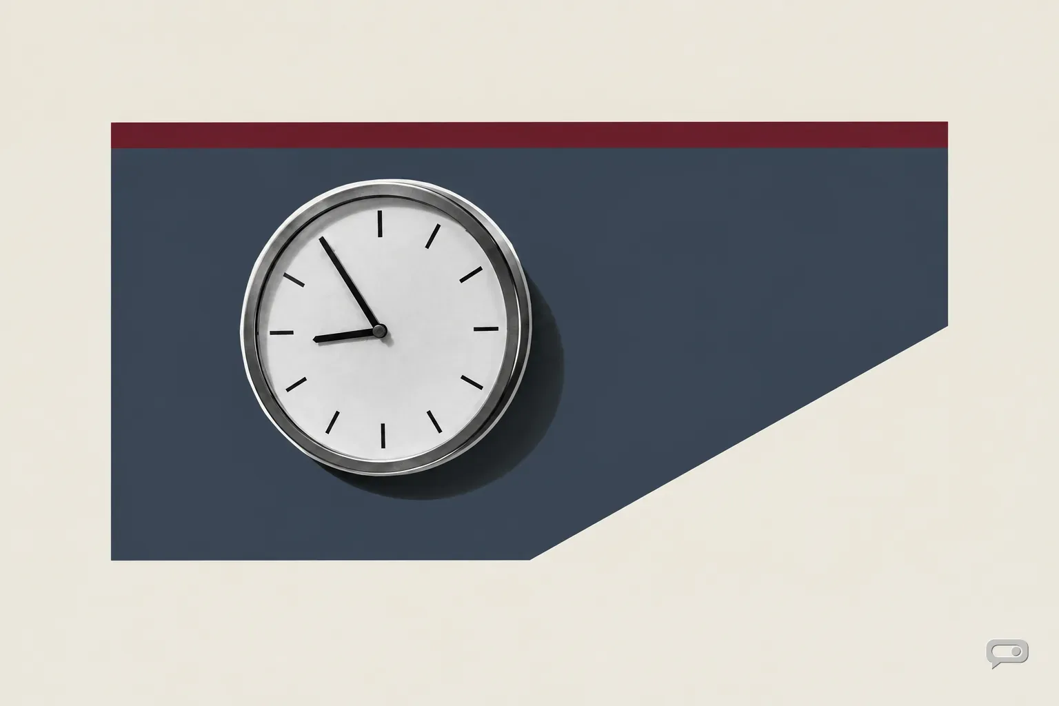 Photomontage of a wall clock with both hands over a level band on a slate block with a putty diagonal and an oxblood bar