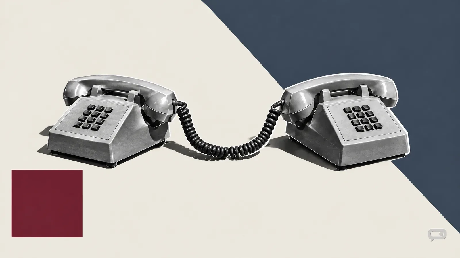 Photomontage of two desk telephones facing each other with their cords meeting on putty with a slate diagonal and an oxblood square