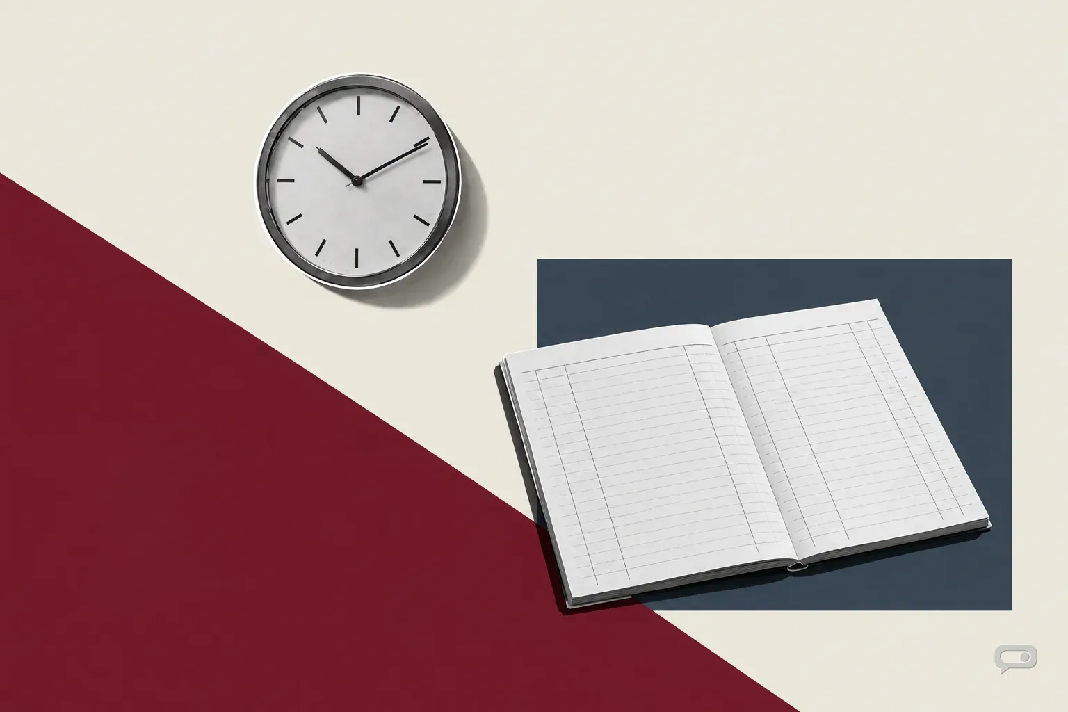 Photomontage of a wall clock above an open ledger on putty with an oxblood diagonal and a slate block