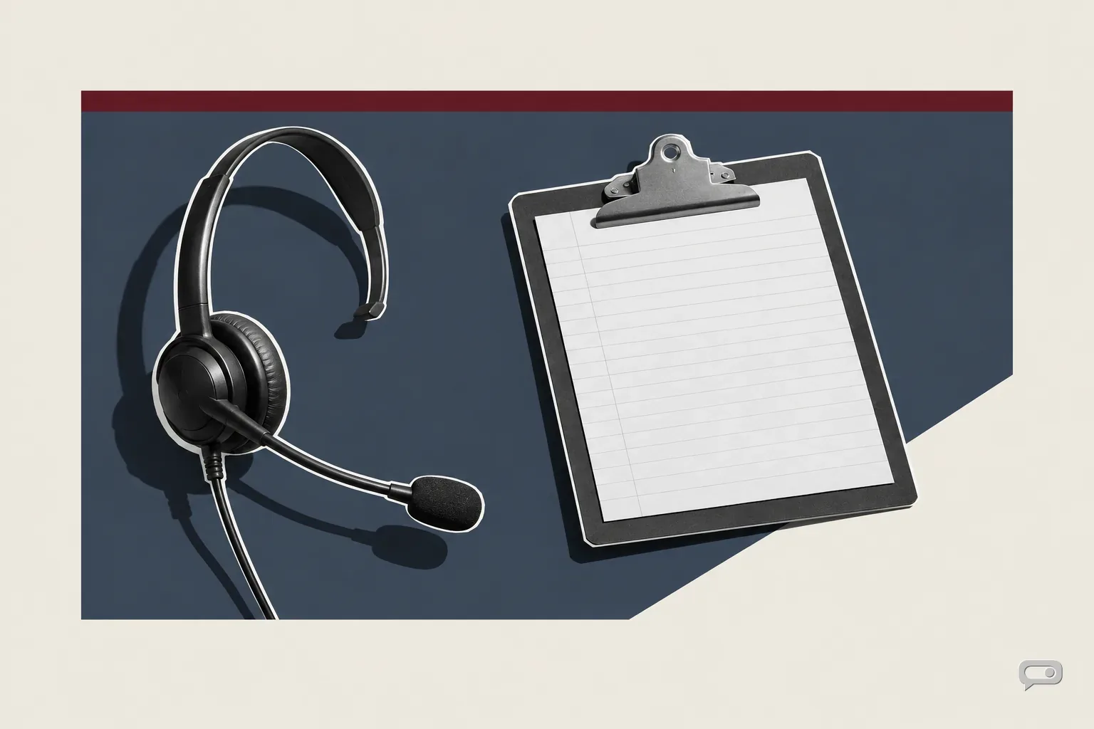 Photomontage of a headset beside a clipboard on a slate block with a putty diagonal and an oxblood bar