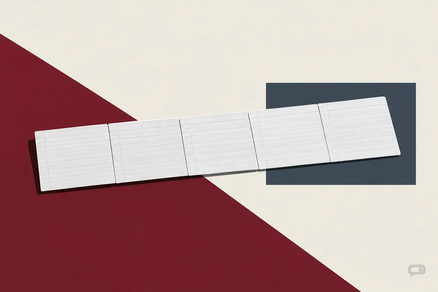 Photomontage of a row of blank index cards laid edge to edge on putty with an oxblood diagonal and a slate block
