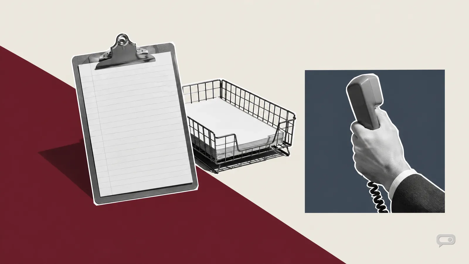Photomontage of a clipboard, a filing tray and a hand holding a phone from behind on putty with an oxblood diagonal and a slate block