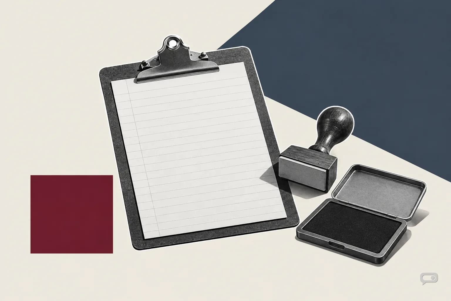 Photomontage of a clipboard with a rubber stamp and ink pad on putty with a slate diagonal and an oxblood square