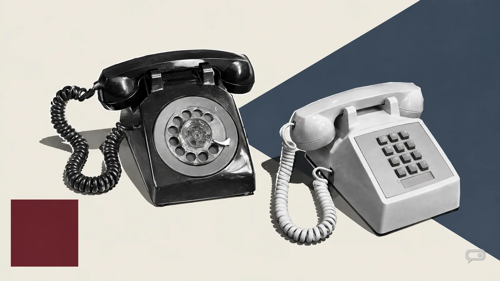 Photomontage of a rotary dial telephone beside a push-button desk telephone on putty with a slate diagonal and an oxblood square