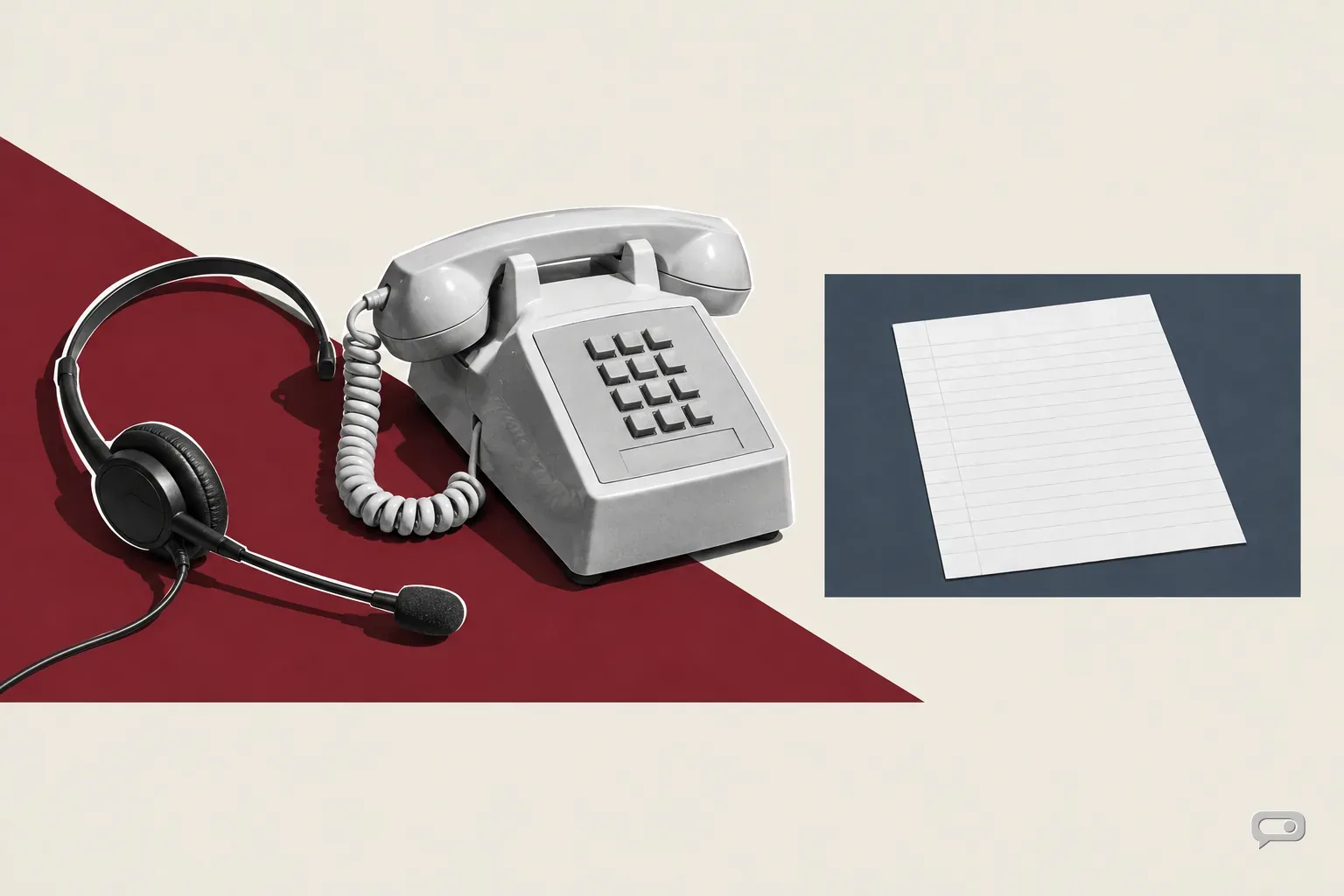 Photomontage of a headset beside a push-button desk telephone on putty with an oxblood diagonal and a slate block