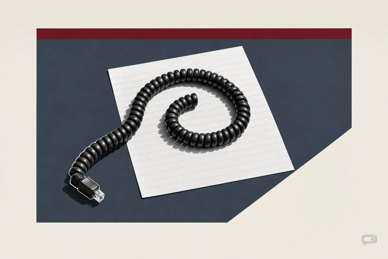 Photomontage of a coiled telephone cord across a blank ruled sheet on a slate block with a putty diagonal and an oxblood bar