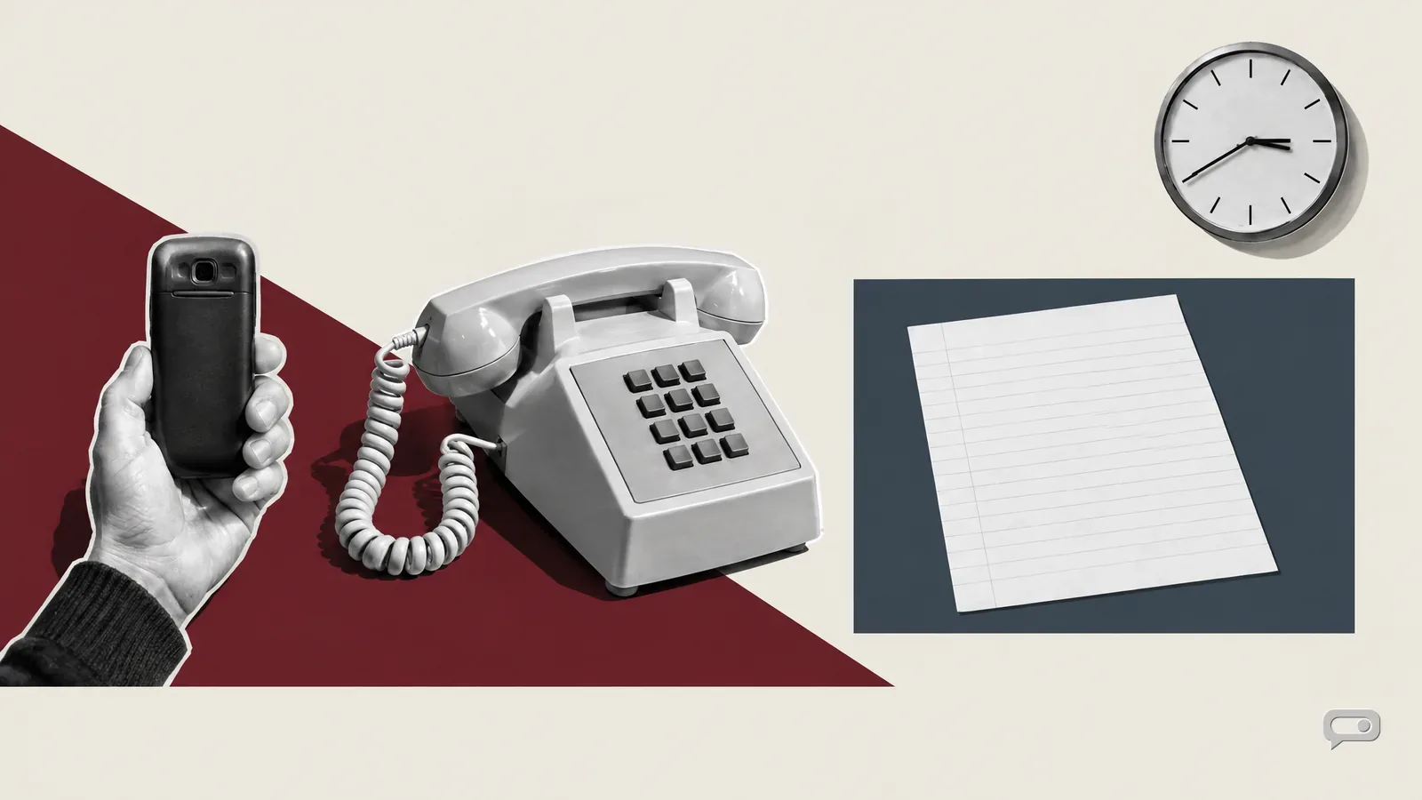 Photomontage of a desk telephone, a hand holding a phone from behind, a ruled sheet and a wall clock on putty with an oxblood diagonal and a slate block