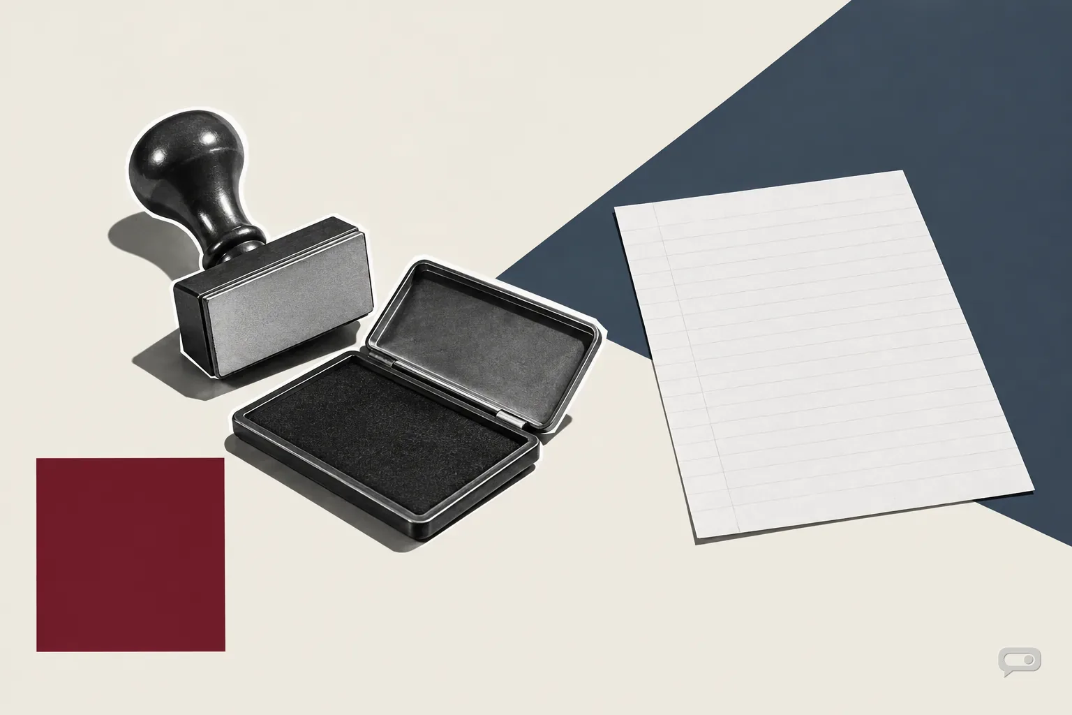 Photomontage of a rubber stamp and ink pad beside a blank ruled sheet on putty with a slate diagonal and an oxblood square