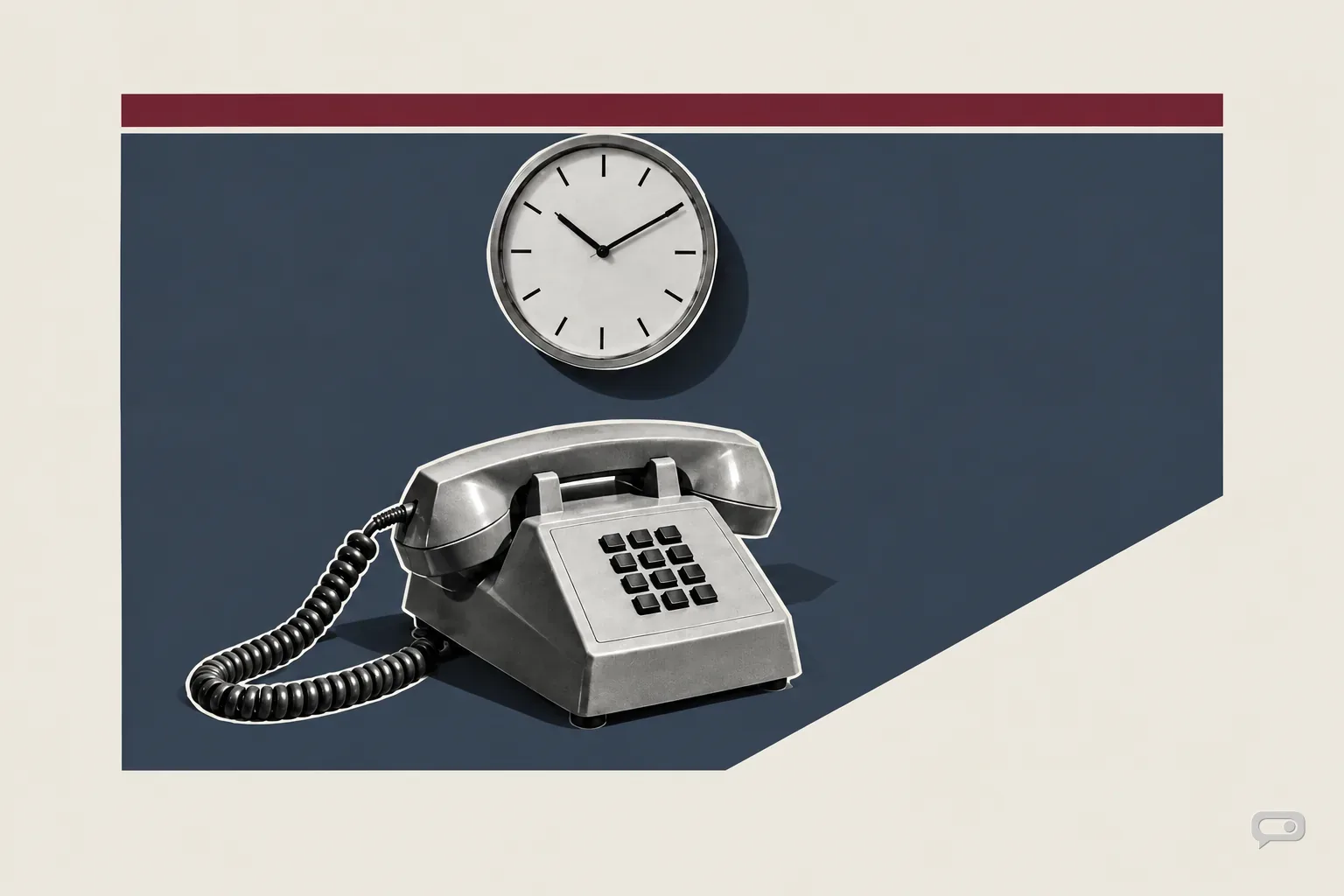 Photomontage of a wall clock above a telephone handset on a slate block with a putty diagonal and an oxblood bar