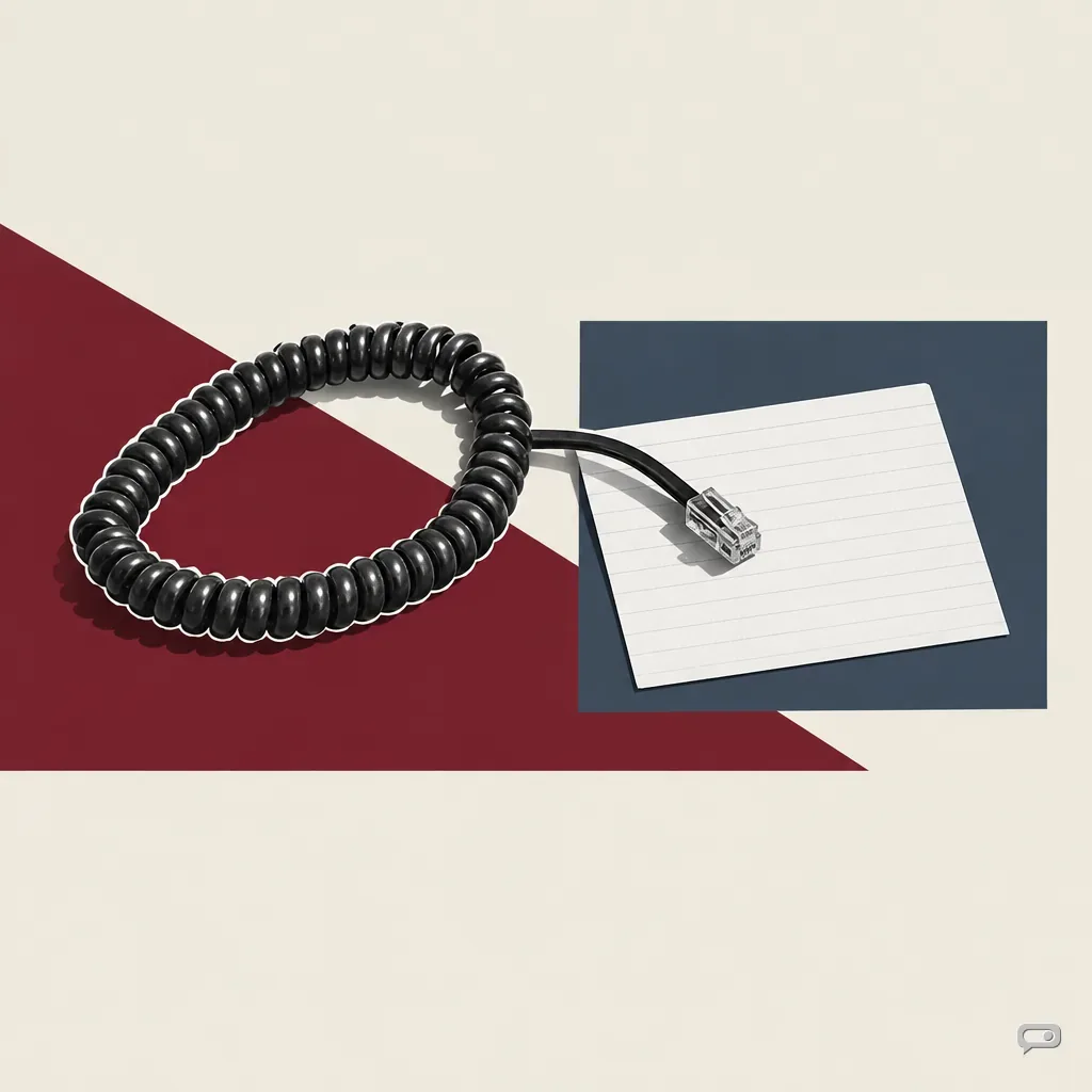 Photomontage of a coiled telephone cord with its plug on a blank ruled index card, on putty with an oxblood diagonal and a slate block