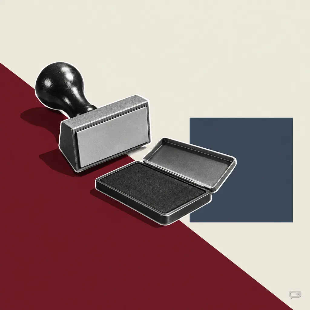 Photomontage of a rubber stamp and ink pad on putty with an oxblood diagonal and a slate block
